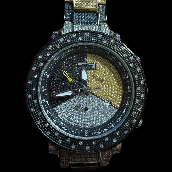 Freeze Diamonds Iced Out Mens Chronograph Watch Tri-Color Dial Gold Silver
